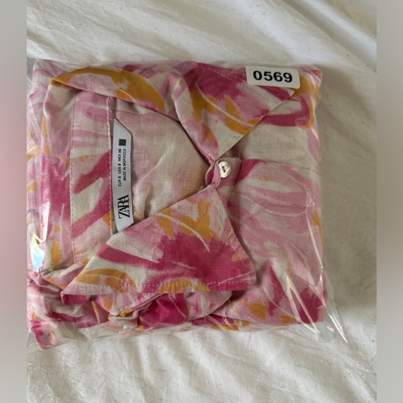 ZARA Pink Orange Floral Tropical Linen Blend Shirt Dress Size S - Picture 10 of 10
